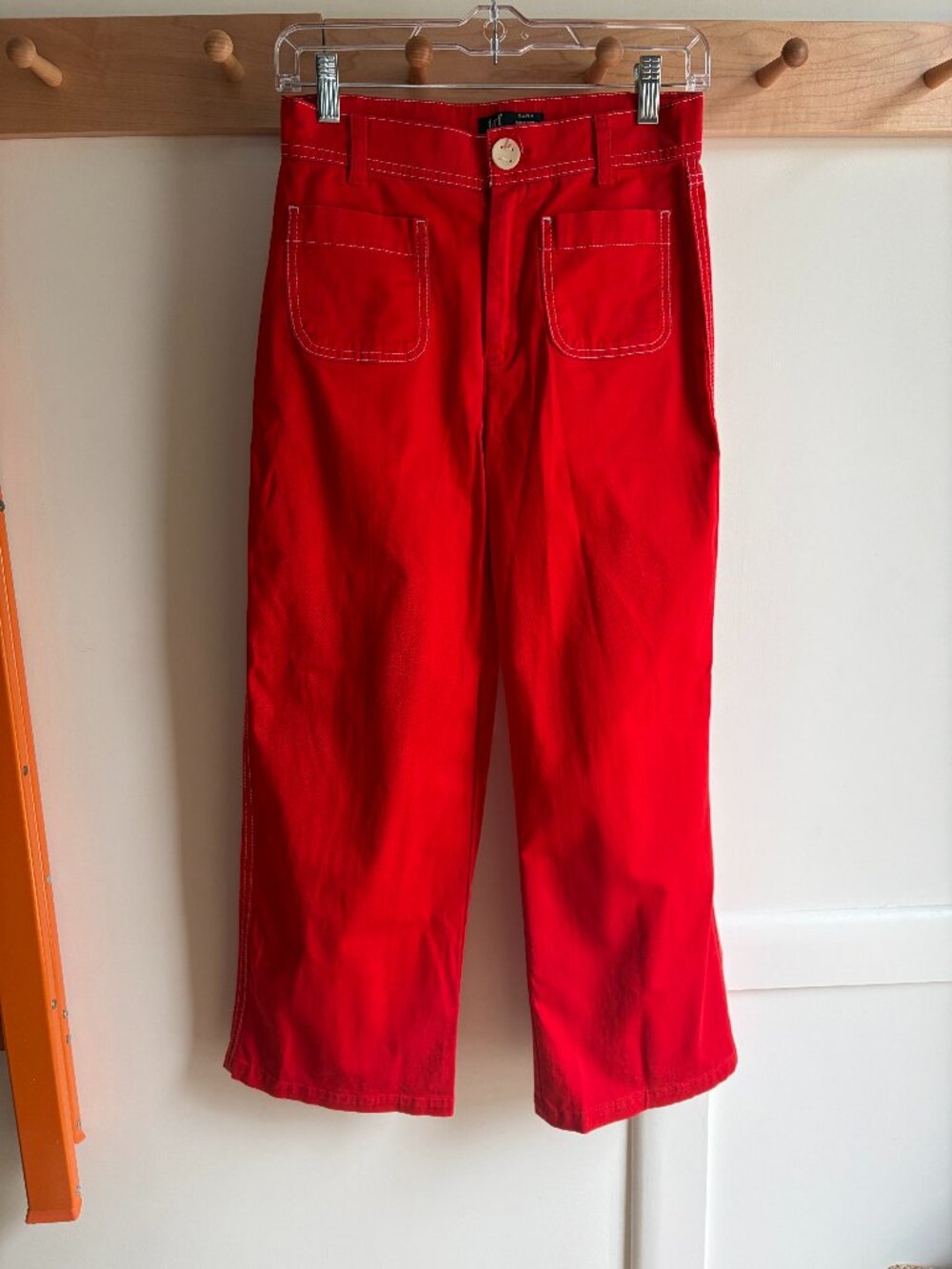Zara TRF red wide-leg pants with white top-stitching